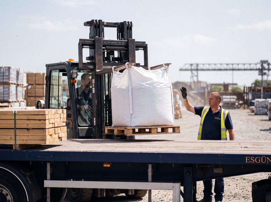 Forkliftle ağır yükün platform dorseye yüklenmesi